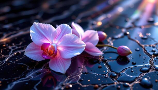 a luminous orchid lies across obsidian patterns, glowing faintly beneath streams of celestial rays. photo