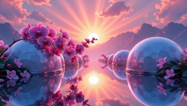 orchids bloom across mirrored domes, petals glowing softly in infinite celestial radiant silence. photo