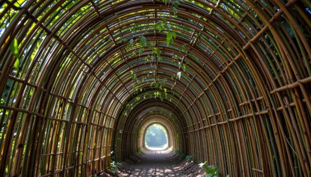 a tunnel of bamboo arches overhead, enclosing a hidden passage bathed in shifting light. photo
