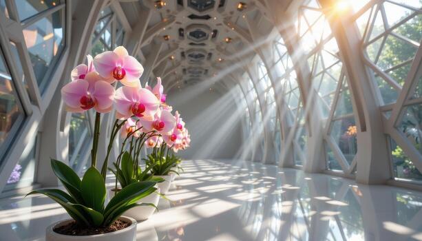 orchids shining under beams of light filtered through geometric crystal patterns within silent halls. photo