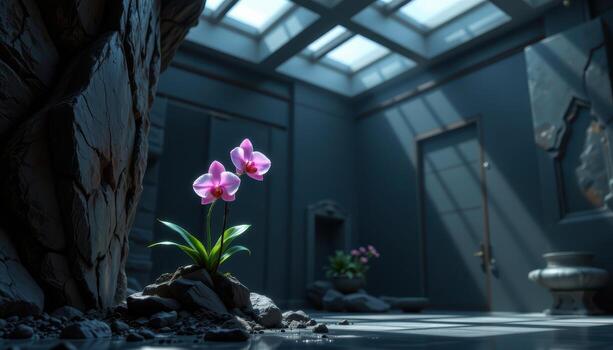 a single orchid shines faintly against obsidian, its glow refracting through translucent skylights. photo