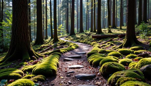 serene moss covered forest path, winding among tall trees, gentle sunlight creating soft shadows on stones and moss. photo
