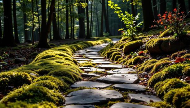 stone path blanketed in thick moss curves through quiet forest, sunlight creating subtle dappled patterns on stones fully. photo
