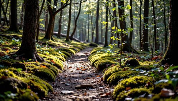 ancient moss covered trail winds gently through quiet woodland, soft sunlight creating delicate dappled patterns on path. photo