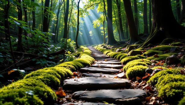 stone path blanketed in lush moss, winding through dense forest, sunlight creating soft dappled patterns above. photo