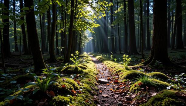 narrow mossy path through quiet woodland, sunlight breaking through leaves, creating subtle, calm forest atmosphere. photo