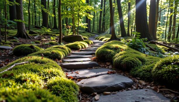 stone path with lush moss, winding through quiet forest, gentle sunlight breaking through leaves creating subtle patterns. photo