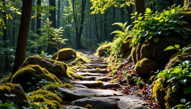 stone trail blanketed in lush moss, winding through dense woodland, sunlight casting soft dappled patterns on path. photo