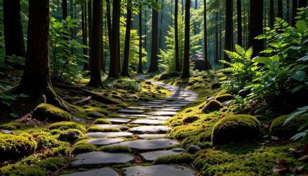 winding stone path blanketed in lush moss, forest dense with tall trees, soft sunlight casting dappled shadows. photo