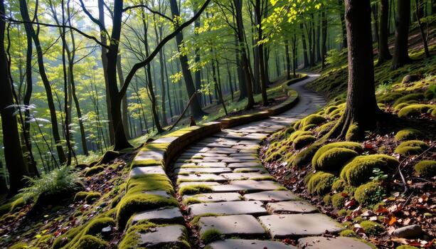 curved stone walkway blanketed with moss, forest dense with trees, morning sunlight casting delicate dappled shadows. photo