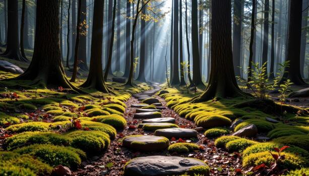moss covered forest path meanders among tall trees, morning light illuminating mossy stones, soft shadows enhancing depth. photo