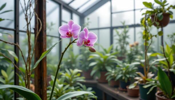 exótico orquídea en un brumoso invernadero, difundido ligero creando un soñador, etéreo atmósfera. foto