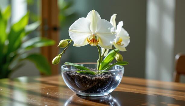 blanco orquídea en vaso bol, suave difundido luz, reflexión en agua superficie agregando serenidad a escena. foto
