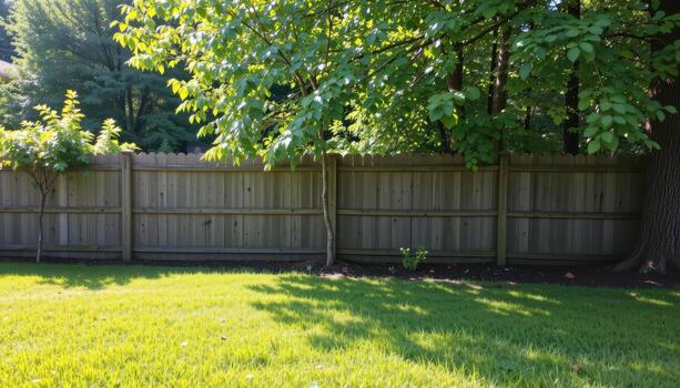 rustic fence in backyard with planted trees, sunlight streaming through leaves, shadows falling gently on lush green lawn fully. photo