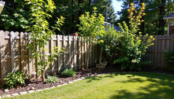 garden with rustic wooden fence and small trees, sunlight illuminating leaves, shadows casting serene tranquil backyard scene fully. photo