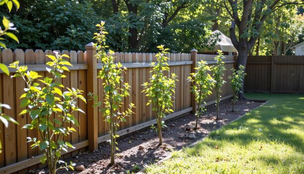garden fence lined with small trees, sunlight highlighting foliage, wooden posts casting soft shadows, serene backyard fully. photo