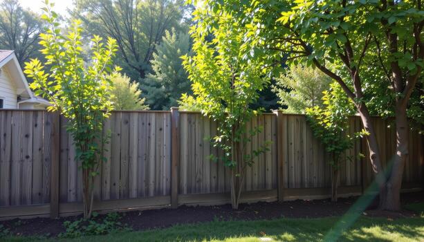 rustic fence in garden with planted trees, sunlight highlighting green foliage, calm tranquil backyard with soft shadows fully. photo