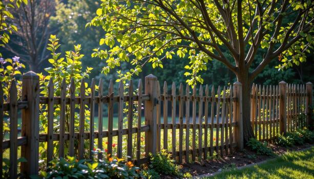 rustic fence in garden with young trees, morning sunlight streaming through foliage, shadows creating serene calm outdoor space fully. photo