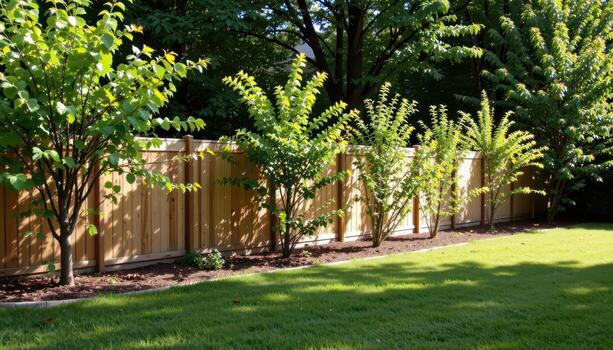 backyard wooden fence lined with small trees, sunlight highlighting green leaves, soft shadows falling on lawn creating serene scene. photo