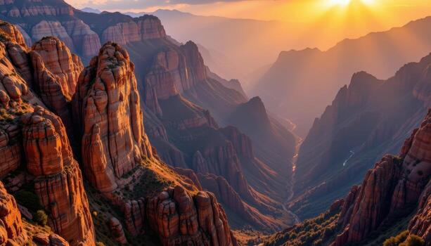 towering canyon cliffs under golden sunlight, rugged stone textures highlighted, shadows adding calm dramatic effect fully. photo