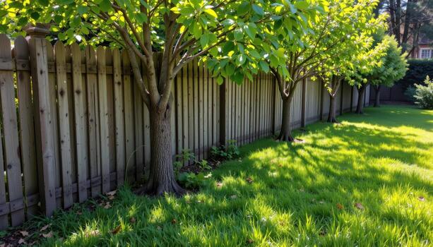 rustic garden fence with young trees, sunlight streaming through leaves, shadows casting gentle patterns on lush green lawn fully. photo