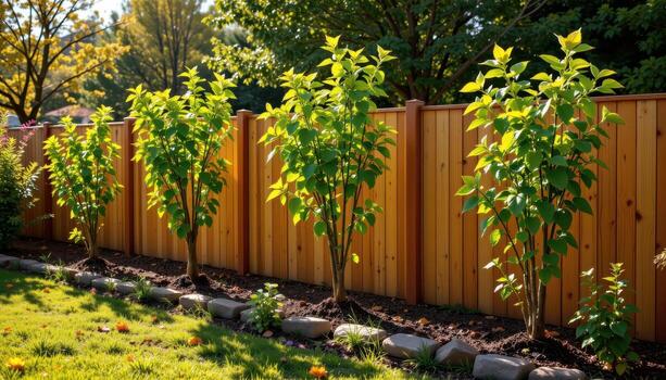 wooden garden fence enclosing row of planted trees, morning sunlight highlighting foliage, soft shadows creating calm scene fully. photo