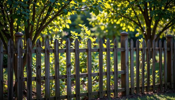 rustic fence enclosing garden with planted trees, sunlight highlighting leaves, shadows creating tranquil serene outdoor mood fully. photo