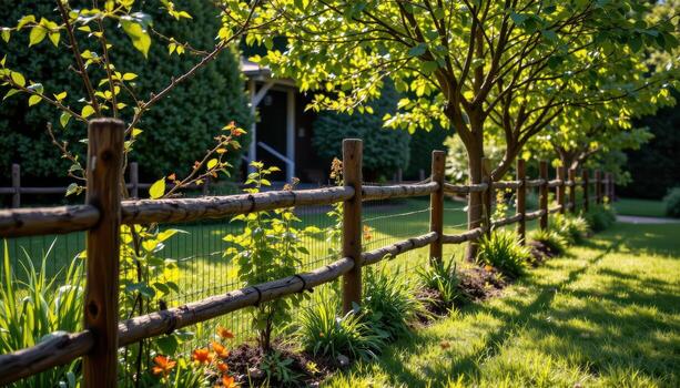 garden fence with wooden posts and planted trees, sunlight streaming through leaves, shadows falling gently creating calm mood fully. photo