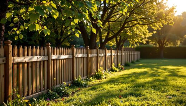 wooden garden fence lining rows of trees, morning sunlight illuminating leaves, shadows falling softly creating peaceful scene fully. photo