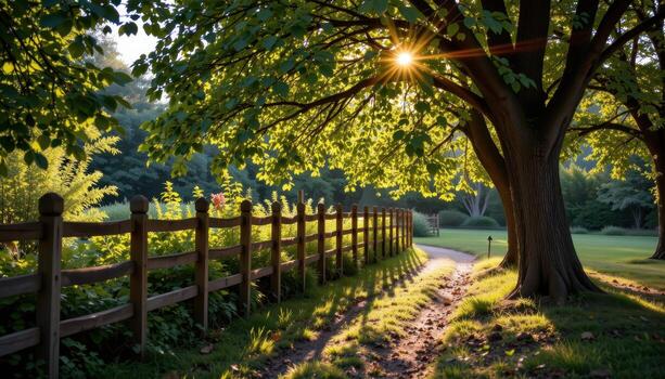 wooden fence enclosing garden trees along path, morning sunlight filtering through leaves, shadows creating serene tranquil mood fully. photo
