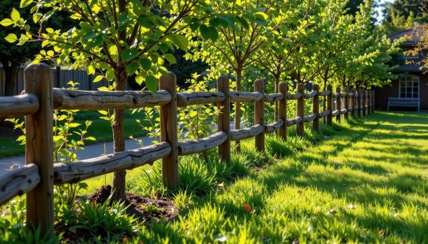 rustic fence lining garden with young trees, sunlight illuminating leaves, shadows falling gently on green grass creating serene mood fully. photo