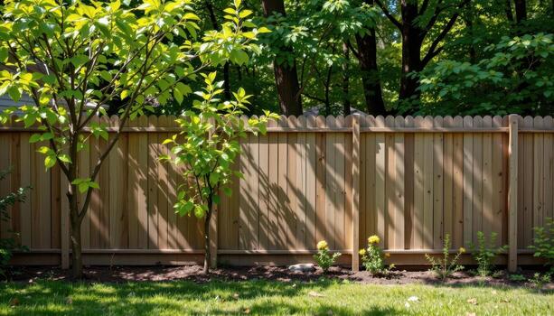 backyard wooden fence with planted trees, sunlight filtering through leaves, shadows falling softly creating serene tranquil scene fully. photo