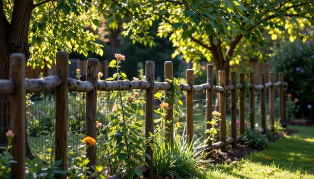 garden fence with rustic wooden posts and small trees, sunlight filtering through leaves, shadows creating serene peaceful mood fully. photo