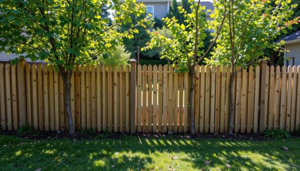 wooden fence enclosing garden with small trees, sunlight streaming through leaves, shadows falling on grass creating calm mood fully. photo