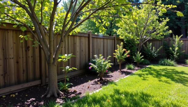 garden with rustic wooden fence and small trees, sunlight streaming through branches, shadows falling gently on lush grass fully. photo