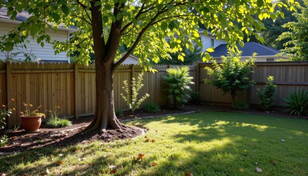 backyard with wooden fence and planted trees, morning sunlight highlighting foliage, shadows creating calm tranquil scene fully. photo