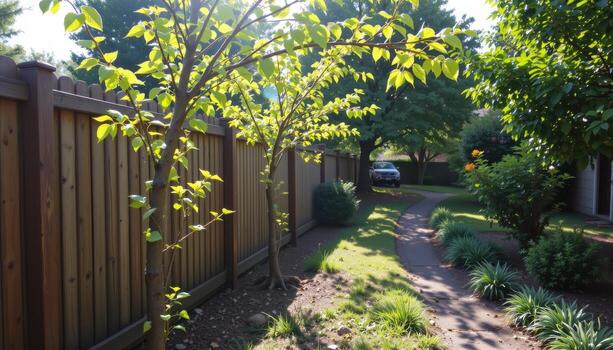 wooden fence with planted trees along garden path, sunlight illuminating leaves, shadows creating peaceful calm atmosphere fully. photo