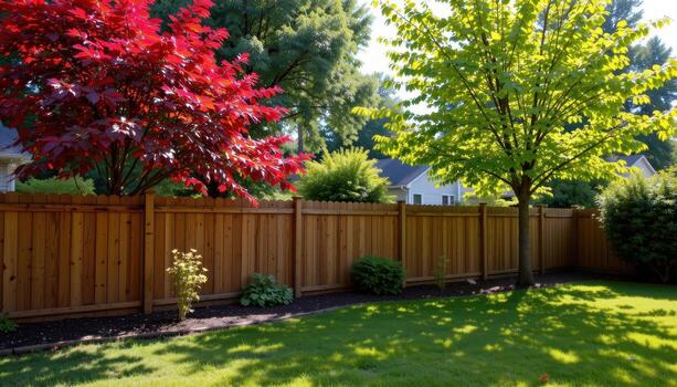 backyard wooden fence lined with vibrant trees, sunlight filtering through leaves, shadows falling gently on grass creating serene mood. photo