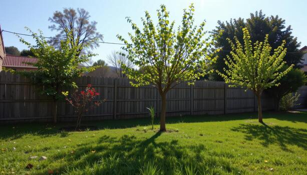 garden with rustic wooden fence and young trees, sunlight illuminating leaves, shadows falling softly on lawn creating tranquil mood fully. photo