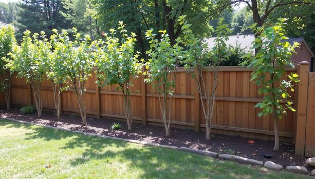 backyard wooden fence enclosing row of small trees, sunlight illuminating leaves, shadows casting gentle patterns, peaceful ambiance. photo