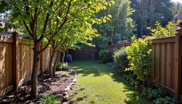 backyard wooden fence with young trees along path, sunlight filtering through foliage, shadows casting peaceful calm atmosphere fully. photo