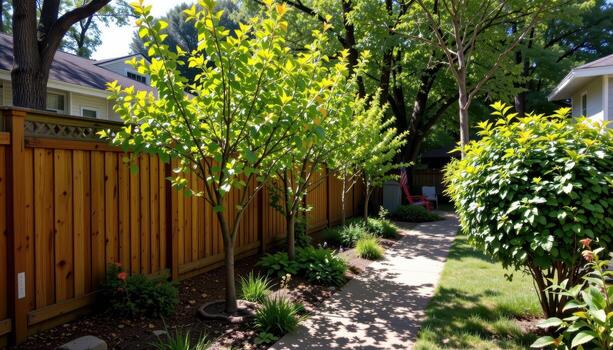 backyard wooden fence with young trees along path, sunlight filtering through foliage, shadows creating calm serene outdoor scene fully. photo