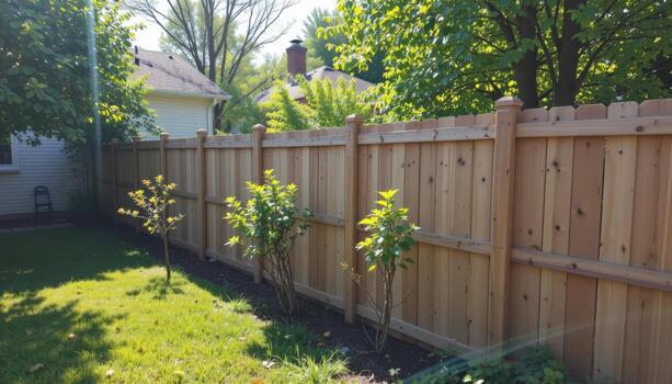 wooden fence lining backyard garden with small trees, sunlight filtering through foliage, shadows creating peaceful calm atmosphere fully. photo