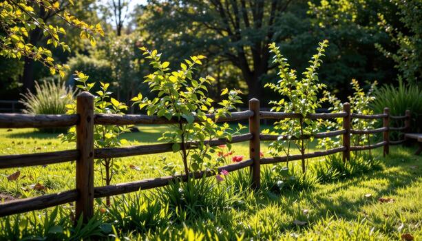 rustic fence in garden lined with young trees, sunlight streaming through leaves, shadows gently falling on grass fully. photo