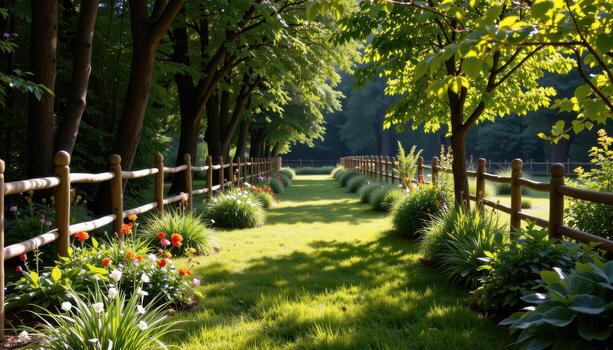 garden with wooden fence and rows of trees, sunlight filtering through leaves, shadows falling gently creating calm serene scene. photo