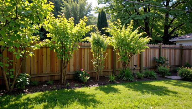 backyard fence with planted garden trees, sunlight highlighting foliage, shadows falling softly creating calm peaceful green space fully. photo