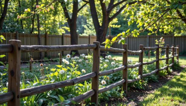 garden fence with rustic wooden posts and trees, sunlight filtering through leaves, shadows creating calm tranquil outdoor mood fully. photo
