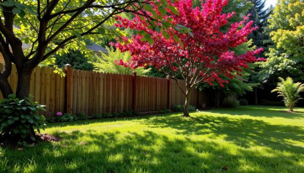 garden with rustic wooden fence and vibrant trees, sunlight streaming through branches, shadows falling gently on lush grass fully. photo