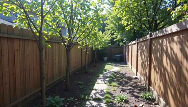 backyard wooden fence with planted trees along path, sunlight filtering through leaves, shadows creating calm tranquil scene fully. photo