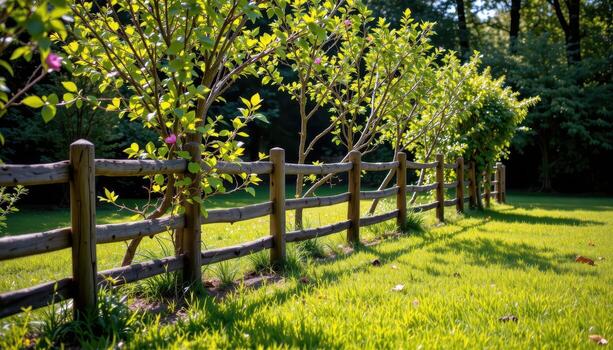 rustic fence in garden lined with young trees, sunlight filtering softly, shadows falling on green lawn creating calm mood fully. photo